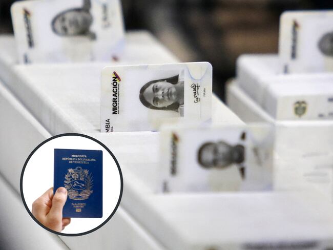 Documentos de migrantes en Colombia y de fondo un pasaporte de un ciudadano venezolano(Fotos vía Getty Images)