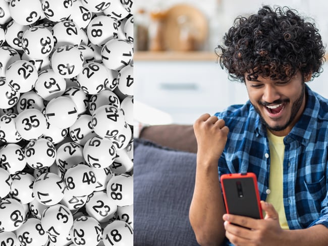 Persona feliz mirando su celular / Pelotas de lotería (Getty Images)