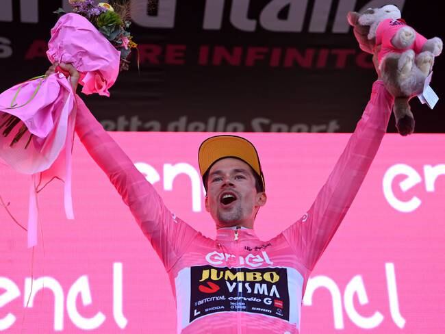 MONTE LUSSARI, ITALY - MAY 27: Primož Roglič of Slovenia and Team Jumbo-Visma celebrates at podium as Pink Leader Jersey winner during the 106th Giro d&#039;Italia 2023, Stage 20 a 18.6km individual climbing time trial stage from Tarvisio 750m to Monte Lussari 1744m / #UCIWT / on May 27, 2023 in Monte Lussari, Italy. (Photo by Tim de Waele/Getty Images)