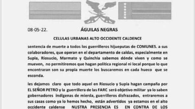 Amenazas de Águilas Negras en Risaralda / Foto: Suministrada