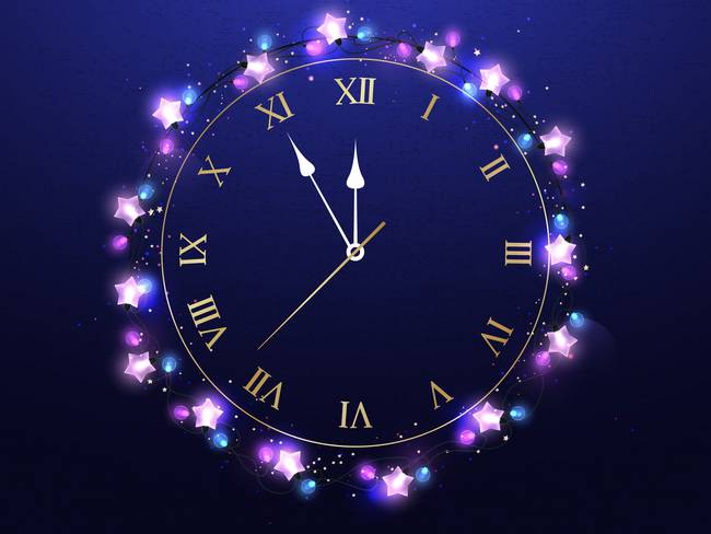 Happy New Year clock five minutes to midnight. Realistic bright garlands with gold clocks hanging on dark wall. NYE greeting card.
