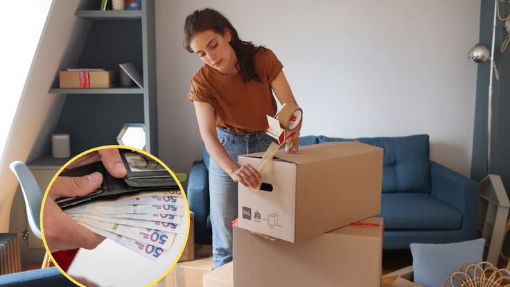 Mujer empacando sus cosas en una caja para mudarse de vivienda. En el círculo, la imagen de billetes de 50 mil pesos colombianos / Fotos: GettyImages