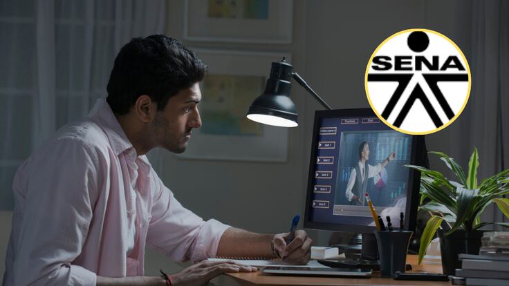 Hombre viendo una clase virtual (Getty Imgaes) / Logo deL SENA