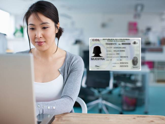 De fondo, mujer utilizando un computador portátil. Encima foto muestra de la cédula de extranjería / Fotos: GettyImages y Registraduría Nacional