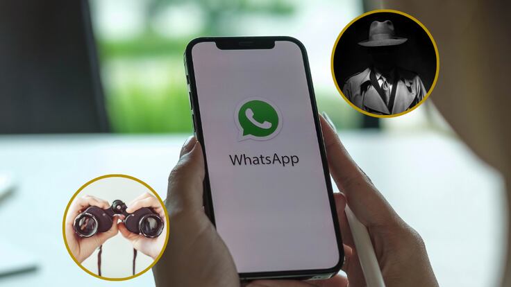 Una persona sosteniendo un celular con el logo de WhatsApp y de fondo unos binoculares y un espía (Fotos vía Getty Images)