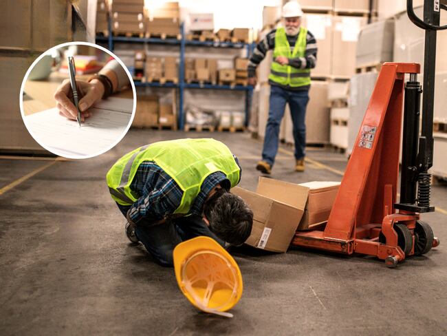 Trabajadores durante un accidente laboral y de fondo una persona diligenciando un formulario (Fotos vía Getty Images)