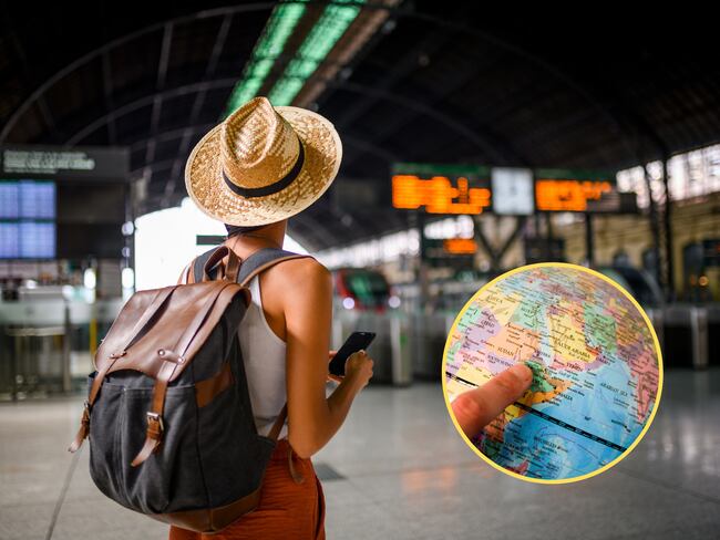 Mujer en un aeropuerto esperando su llamado para abordar un avión. En el círculo, la imagen de una persona señalando un país en un globo terráqueo (Fotos vía GettyImages)
