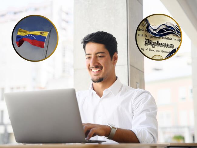 Persona en su computador y de fondo la bandera de Venezuela y un diploma. (Fotos vía Getty Images)