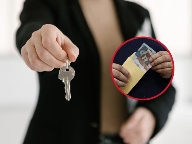 Hombre entregando las llaves de una vivienda y de fondo una persona sacando dinero de un sobre (Fotos vía Getty Images)
