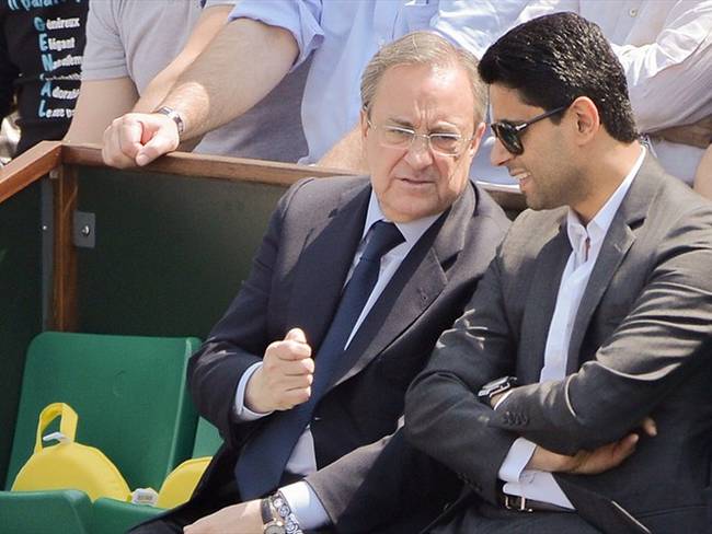 Florentino Pérez, presidente del Real Madrid, y Nasser Al-Khelaïfi, presidente del PSG. Foto: Rindoff/Charriau/French Select/Getty Images