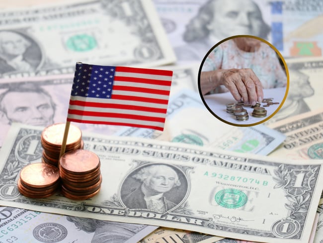 Dinero estadounidense y de fondo una persona anciana contando dinero. (Fotos vía Getty Images)