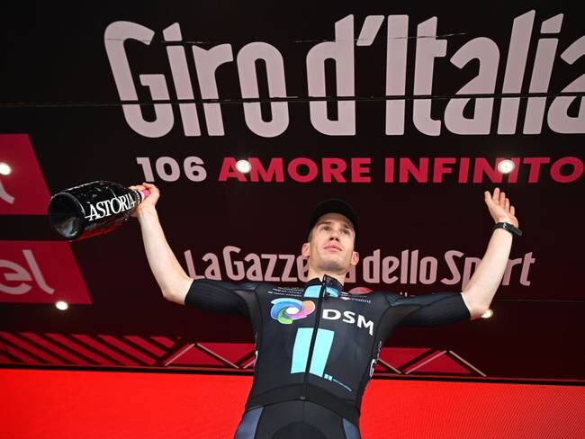 CAORLE, ITALY - MAY 24: Alberto Dainese of Italy and Team DSM celebrates at podium as stage winner during the the 106th Giro d&#039;Italia 2023, Stage 17 a 197km stage from Pergine Valsugana to Caorle / #UCIWT / on May 24, 2023 in Caorle, Italy. (Photo by Stuart Franklin/Getty Images)