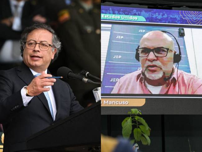Gustavo Petro, presidente de Colombia (derecha) y Salvatore Mancuso (izquierda) en audencia JEP. Fotos: Getty Images y JEP.