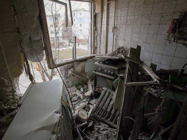 This photograph shows a view of a flat destroyed during the heavy shelling by Russian forces in Sievierodonetsk, Lugansk Oblast, on February 28, 2022. (Photo by ANATOLII STEPANOV/AFP via Getty Images)