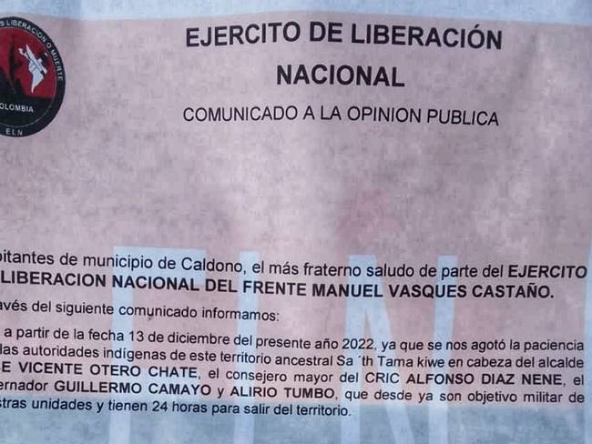 El panfleto advierte a los amenazados que tienen 24 horas para salir del territorio. Crédito: Red de Apoyo Cauca. 