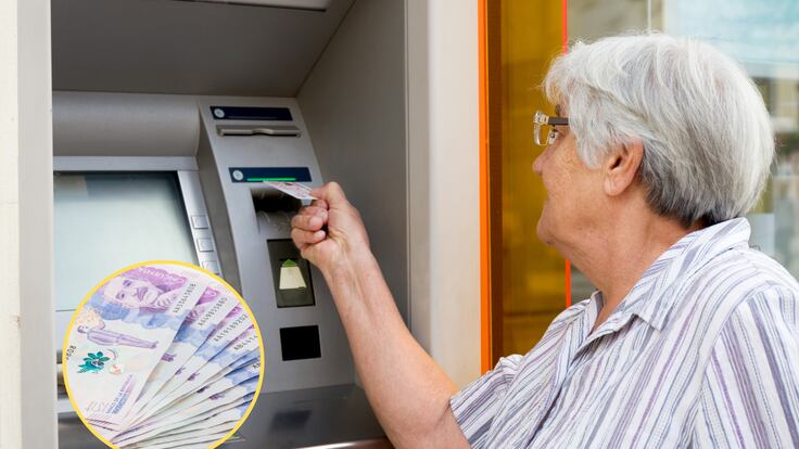 Mujer de la tercera edad retirando dinero de un cajero automático. En el círculo, la imagen del billete de 50 mil pesos colombianos / Fotos: GettyImages
