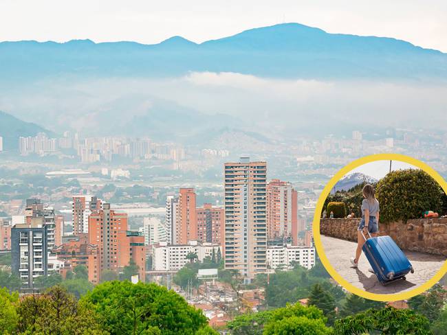 Vista panorámica de la ciudad de Medellín, Colombia. En el círculo, la imagen de una mujer llevando su ropa en una maleta / Foto: GettyImages