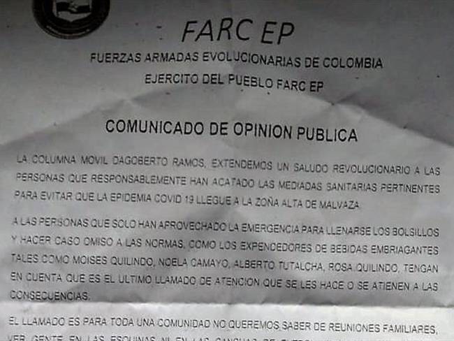 En el documento, amenazan con nombre propio a varios ciudadanos de la zona alta de Malvazá. Foto: Cortesía