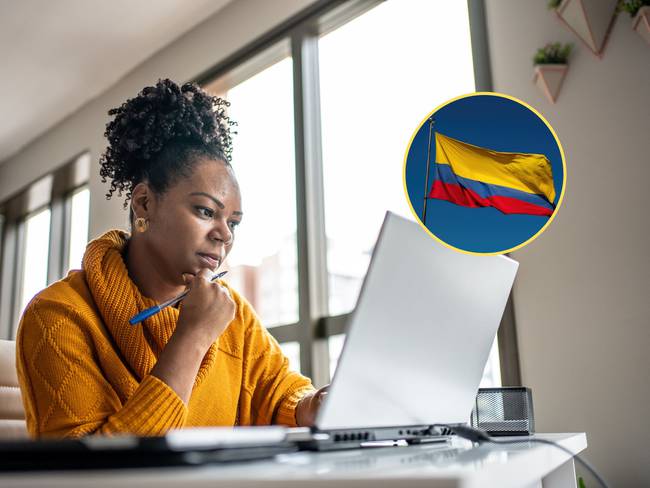 De fondo, una mujer utilizando computador. En el círculo, la imagen de la bandera de Colombia / Fotos: GettyImages