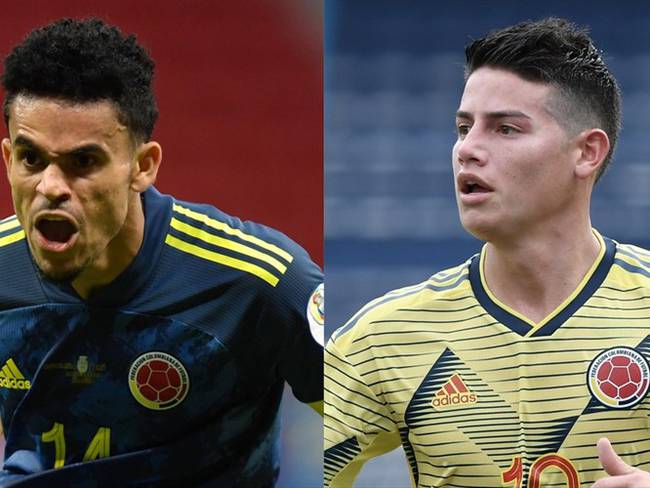 Jugadores de la Selección Colombia Luis Díaz y James Rodríguez. Foto: Pedro Vilela/Getty Images - Gabriel Aponte/Getty Images