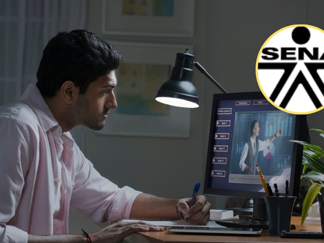 Hombre viendo una clase virtual (Getty Imgaes) / Logo deL SENA