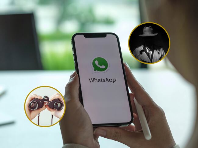 Una persona sosteniendo un celular con el logo de WhatsApp y de fondo unos binoculares y un espía (Fotos vía Getty Images)