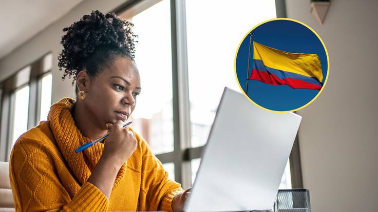 De fondo, una mujer utilizando computador. En el círculo, la imagen de la bandera de Colombia / Fotos: GettyImages