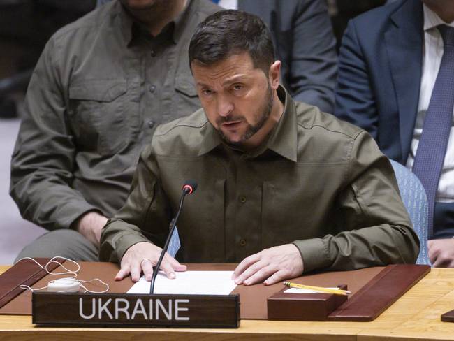 New York (United States), 20/09/2023.- Ukraine&#039;s President Volodymyr Zelensky addresses an United Nations Security Council meeting about the war between Ukraine and Russia on the sidelines of the 78th session of the United Nations General Assembly at United Nations Headquarters in New York, New York, USA, 20 September 2023. (Rusia, Ucrania, Nueva York) EFE/EPA/JUSTIN LANE