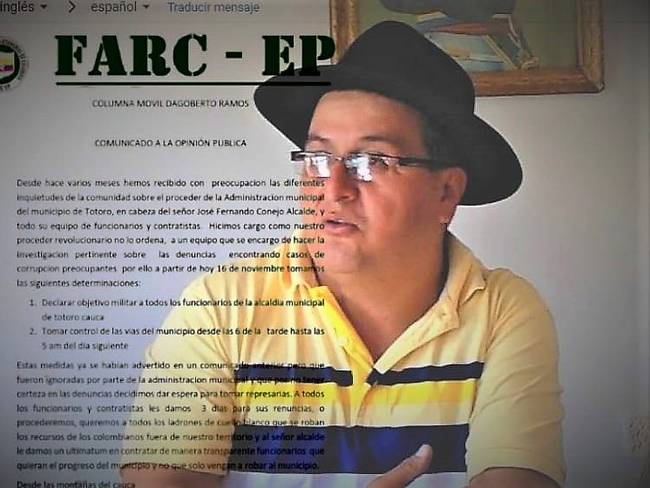 El mandatario José Fernando Conejo fue declarado objetivo militar por parte del grupo ilegal. Crédito El Portal Comunicaciones.