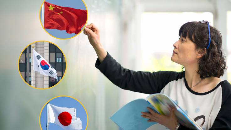Profesora asiática dando clases. En los círculos, las imágenes de las banderas de China, Corea del Sur y Japón donde dan becas / Foto: GettyImages