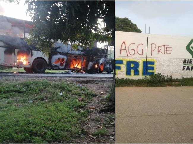 El vehículo fue incinerado por hombres encapuchados. Varios sectores del municipio fueron marcados con siglas de Autodefensas Gaitanistas de Colombia. Crédito: Cortesía.