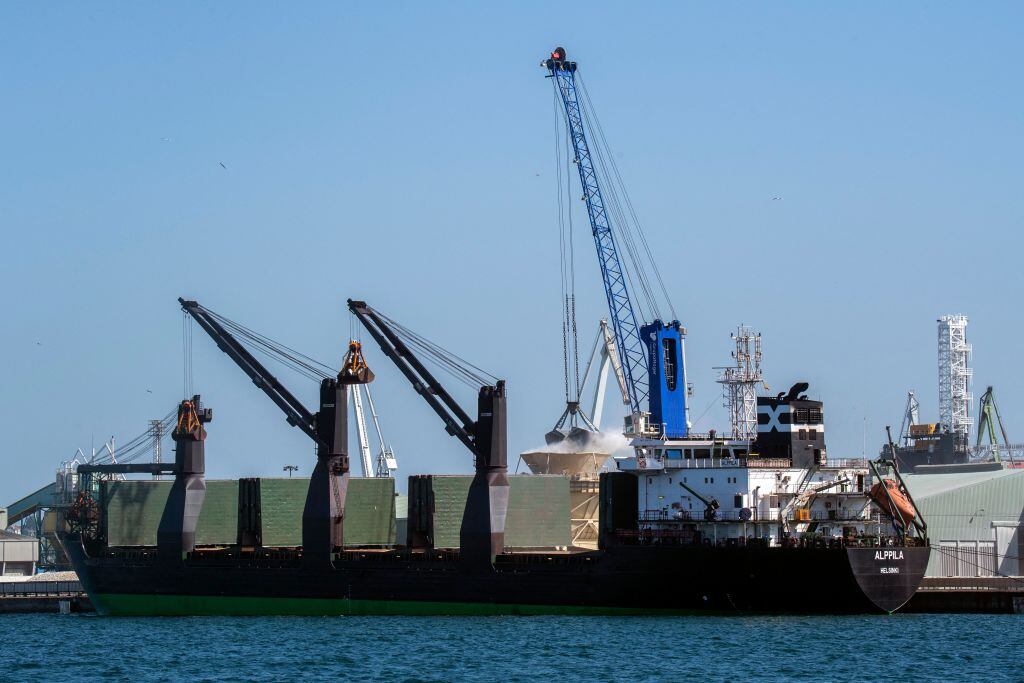 Cargamento de grano ucraniano que llega a España después de ser enviado a través del Mar Báltico para eludir a Rusia bloqueo. (Photo by MIGUEL RIOPA / AFP) (Photo by MIGUEL RIOPA/AFP via Getty Images)