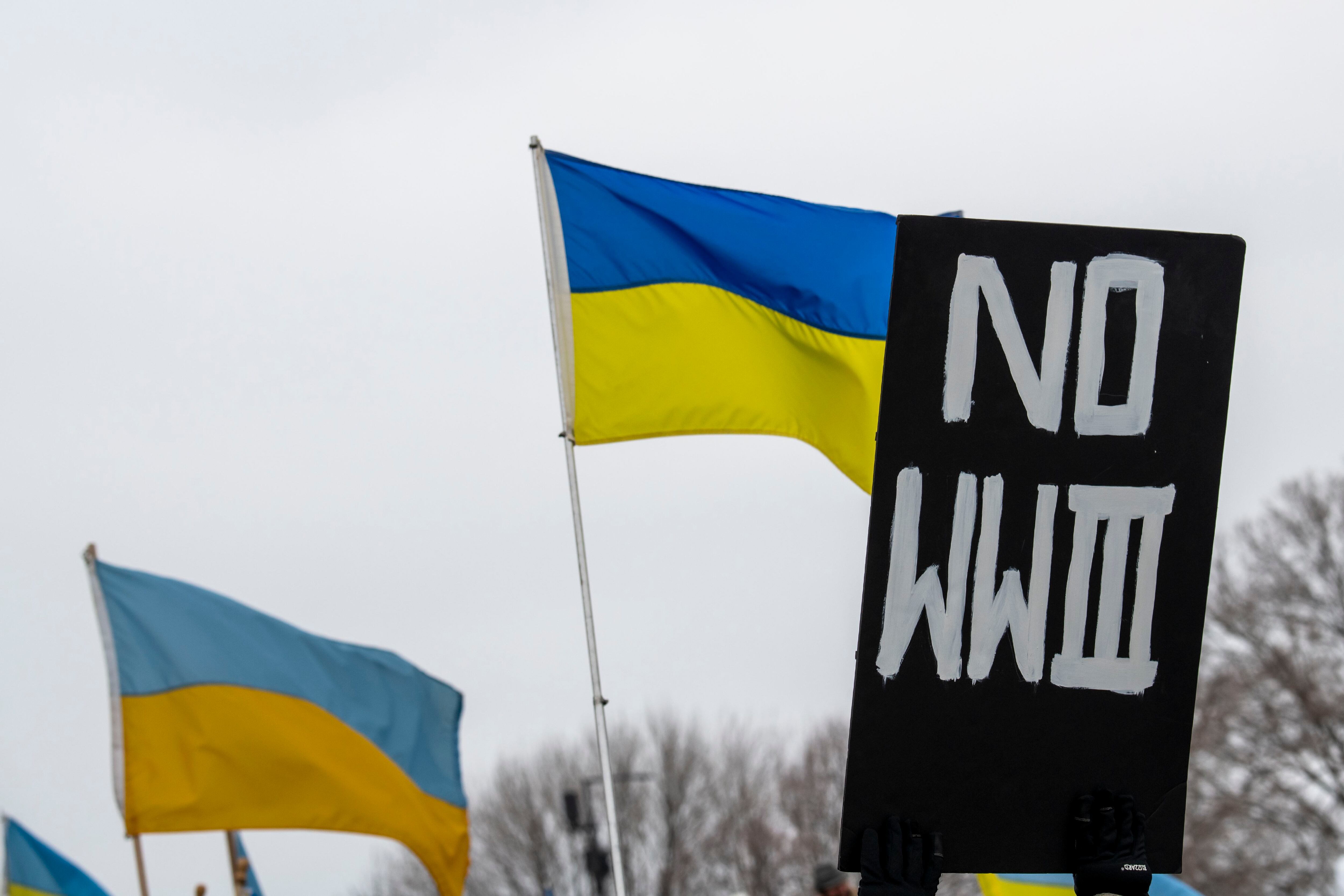 St. Paul, Minnesota. People rally to support the Ukrainian people and Ukraine's sovereignty and stop the war that Russia is waging against them. (Photo by: Michael Siluk/UCG/Universal Images Group via Getty Images)