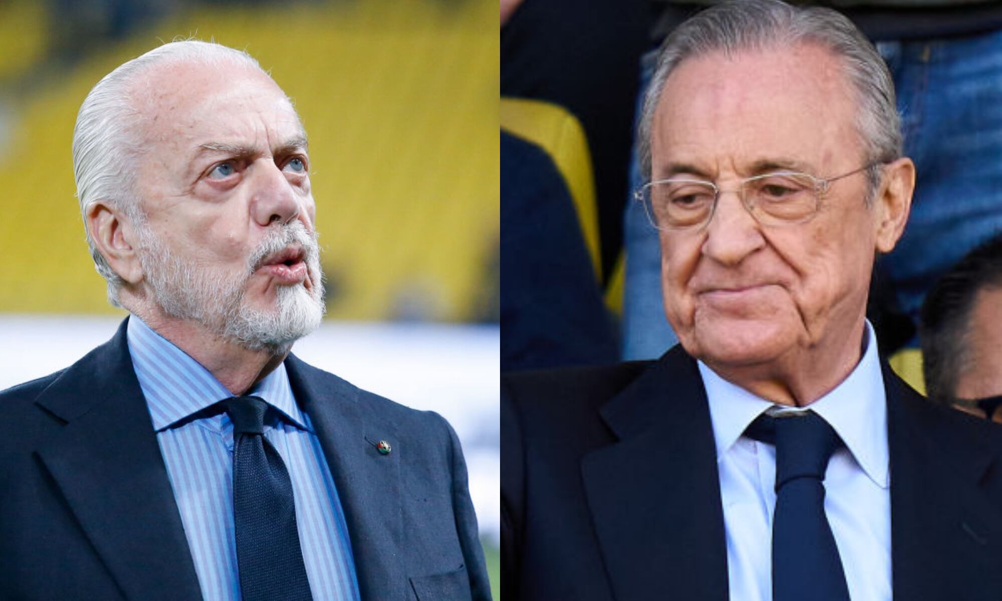 Aurelio De Laurentiis y Florentino Pérez/ (Photo by Angel Martinez/Getty Images)-(Photo by Matteo Ciambelli / DeFodi Images via Getty Images)