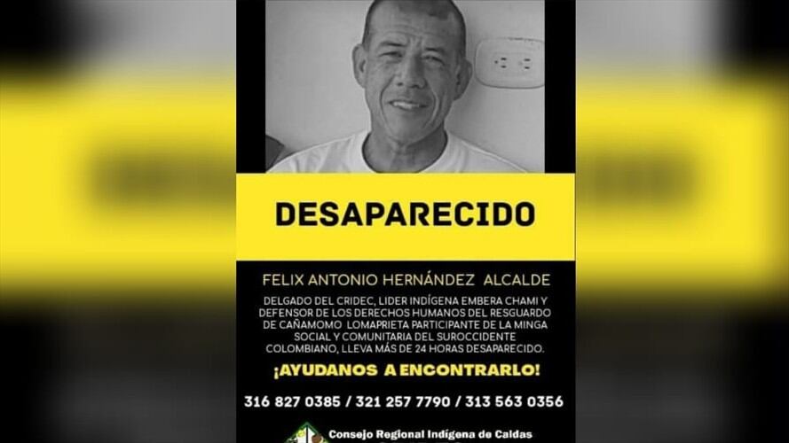 La Alcaldía de Cali ofreció una recompensa de hasta 20 millones de pesos para quien brinde información sobre el paradero del líder indígena. Foto: Cortesía