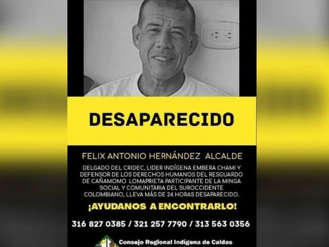 La Alcaldía de Cali ofreció una recompensa de hasta 20 millones de pesos para quien brinde información sobre el paradero del líder indígena. Foto: Cortesía