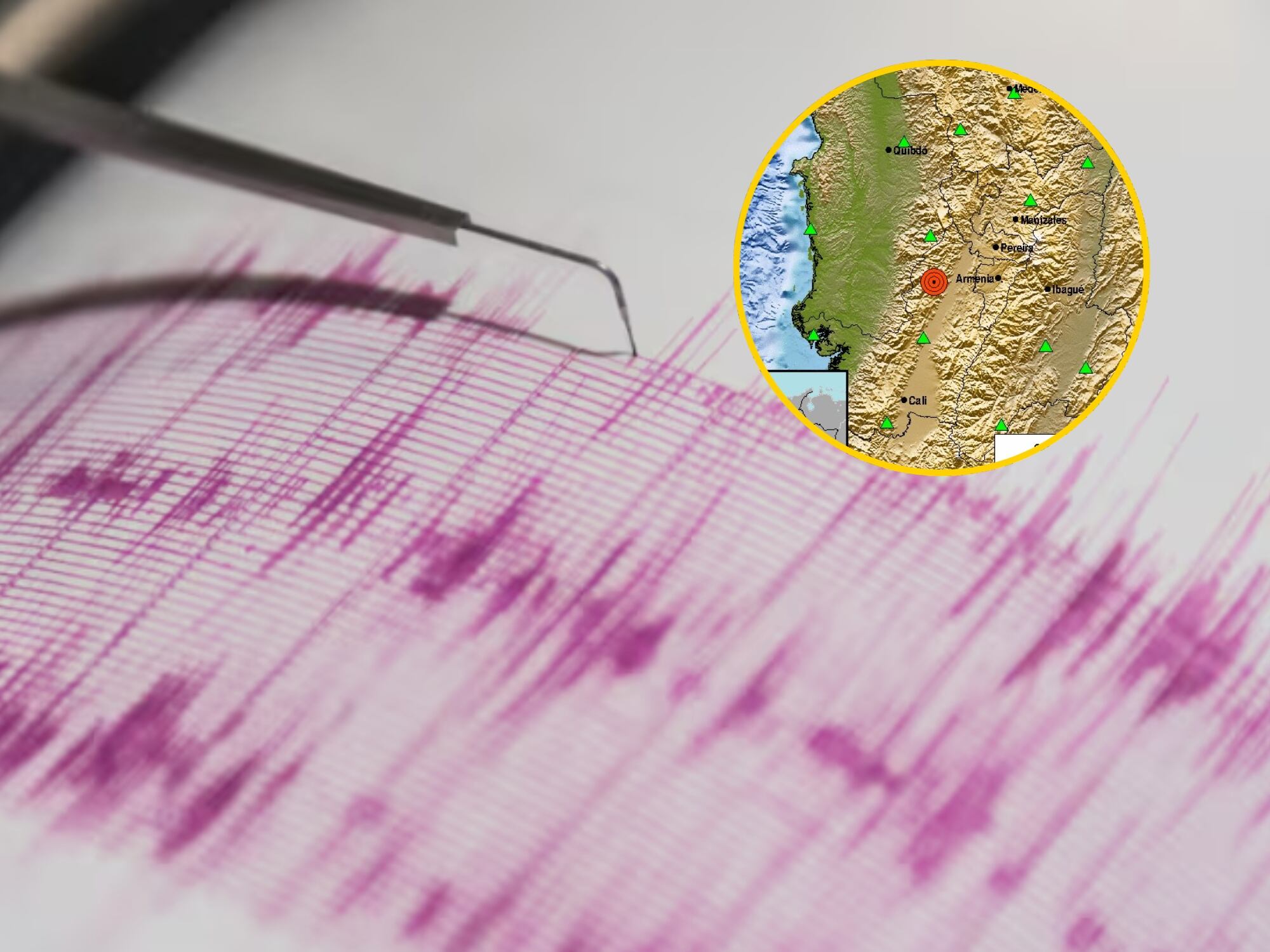 Temblor en El Davio, Valle del Cauca, este domingo, 10 de agosto de 2025.  Fotos: Getty Images y Servicio Geológico Colombiano.