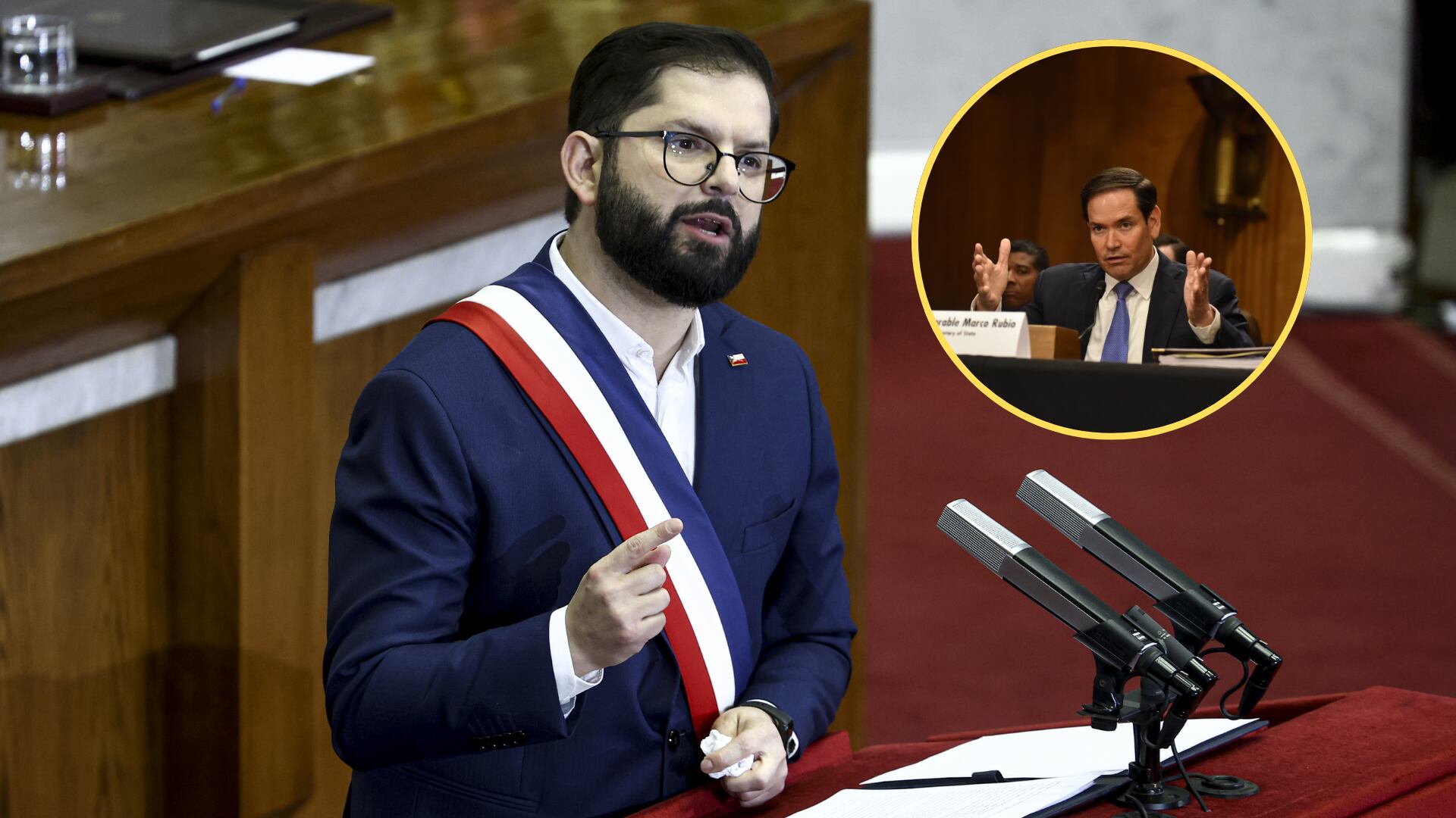 Gabriel Boric: Lucas Aguayo Araos/Anadolu via Getty Images - Marco Rubio. Foto: Sha Hanting/China News Service/VCG via Getty Images.