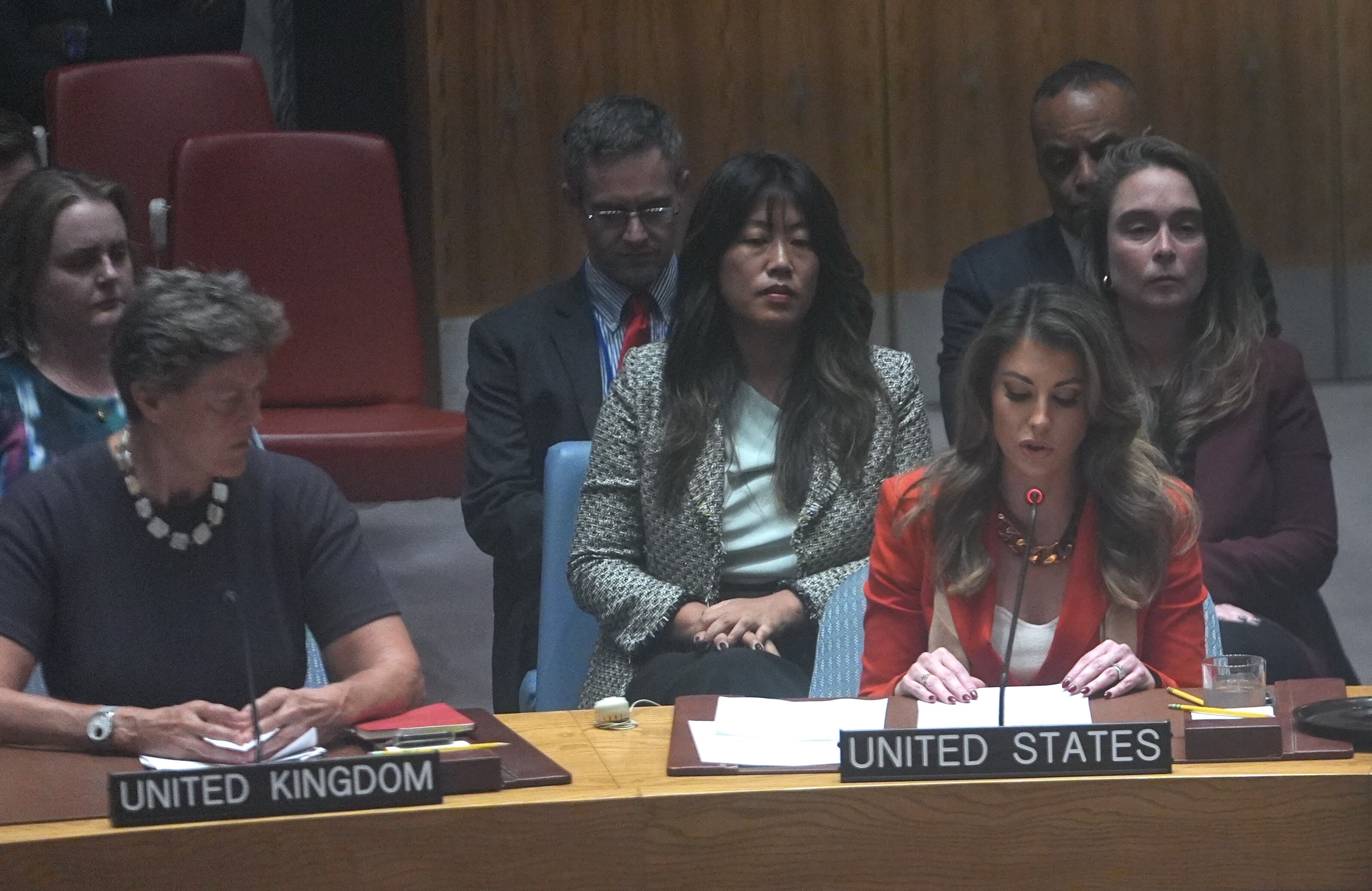 Morgan Ortagus, Enviado habla durante la sesión del Consejo de Seguridad de la ONU el 18 de septiembre de 2025 en Nueva York. (Foto de Selcuk Acar/Anadolu vía Getty Images)