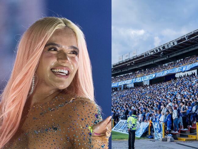 Collage Karol G, hinchada de Millonarios FC. Fotos: Efe, X @MillosFCoficial