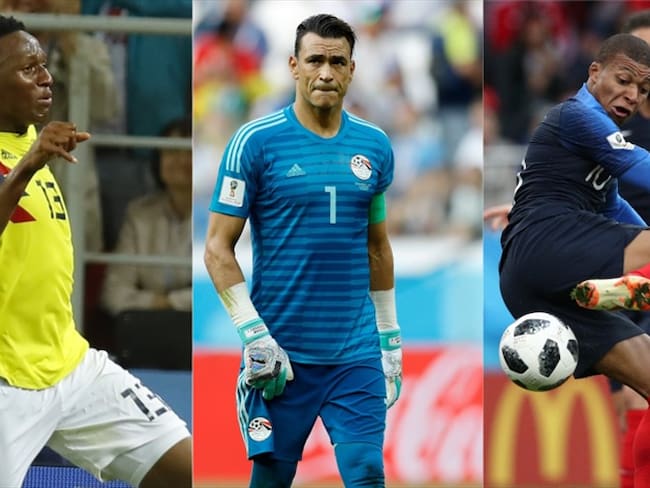 Los jugadores Yerry Mina (Colombia), Essam El-Hadary (Egipto), y Kylian Mbappé (Francia) consiguieron algunas marcas históricas en el Mundial de Rusia 2018. Foto: Getty Images
