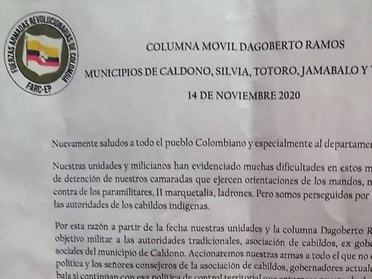 Denuncian amenazas de disidencias de las Farc contra líderes en Cauca