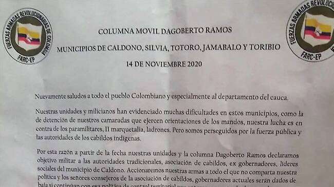 El escrito fue distribuido en los municipios de Caldono, Silvia, Totoró, Jambaló y Toribío . Foto: Cortesía