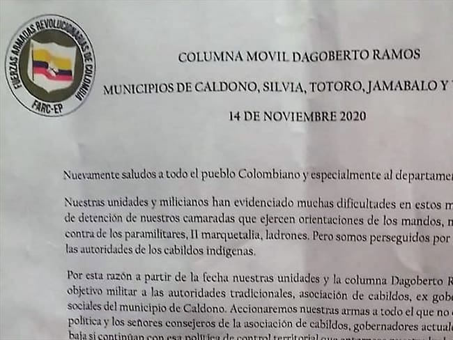 El escrito fue distribuido en los municipios de Caldono, Silvia, Totoró, Jambaló y Toribío . Foto: Cortesía