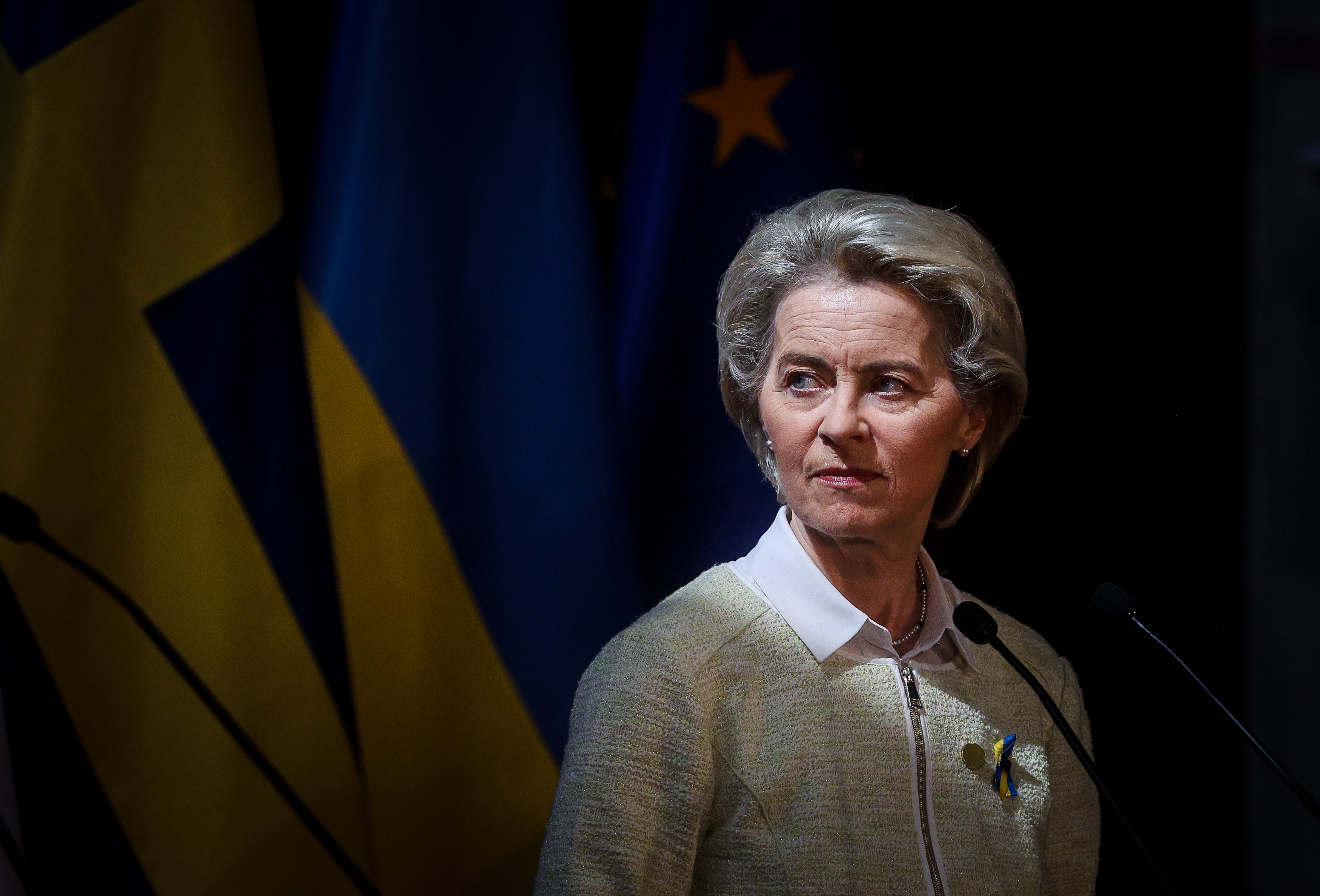 President of the European Commission Ursula von der Leyen is seen at the High-Level International Donor's Conference for Ukraine at the National Stadium in Warsaw, Poland, May 5, 2022. (Photo by Sergii Kharchenko/NurPhoto via Getty Images)