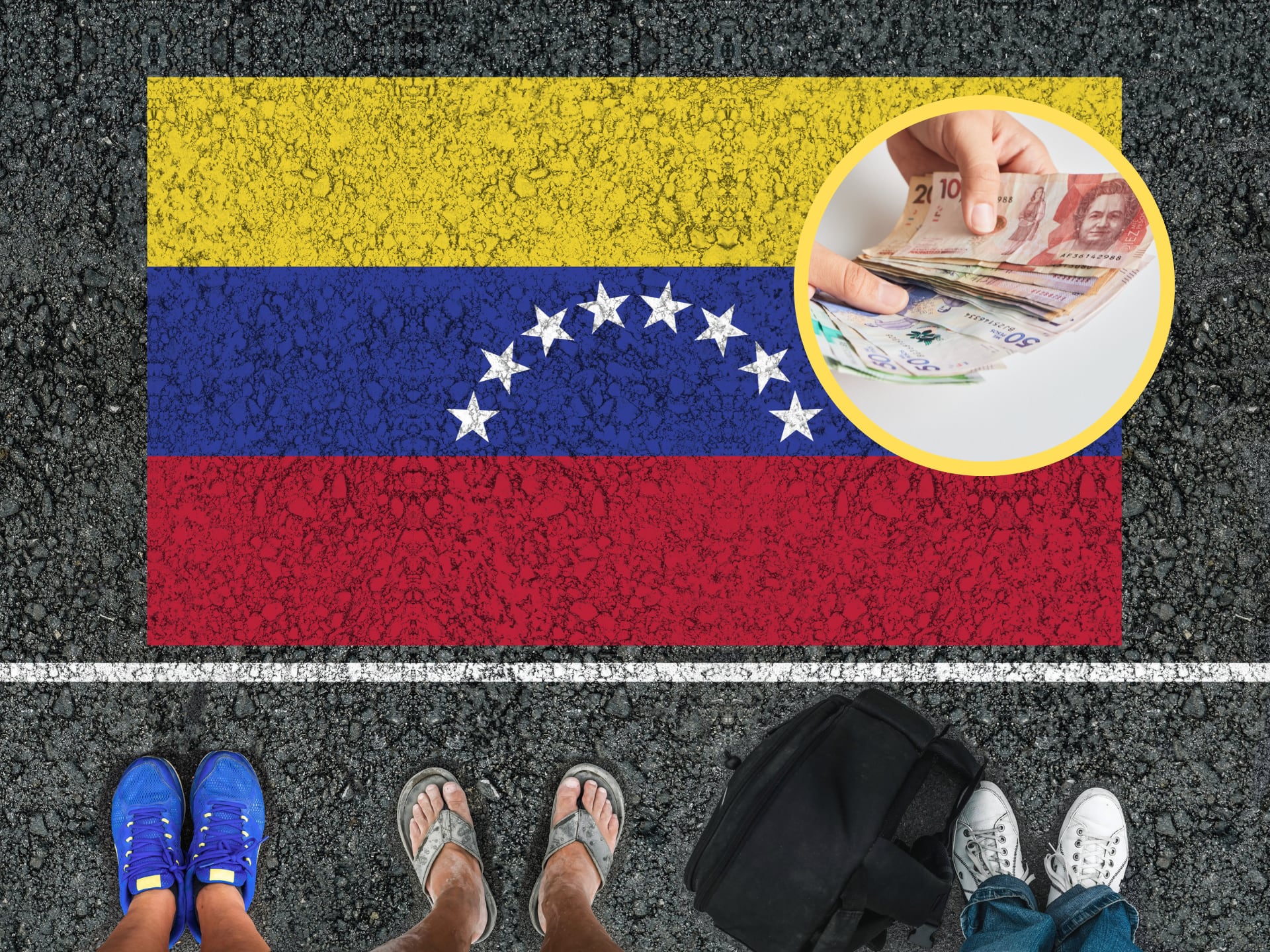 Imagen referencia de migrantes venezolanos. En el círculo, dinero colombiano (GettyImages)