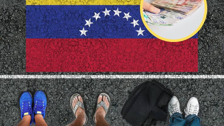 Imagen referencia de migrantes venezolanos. En el círculo, dinero colombiano (GettyImages)