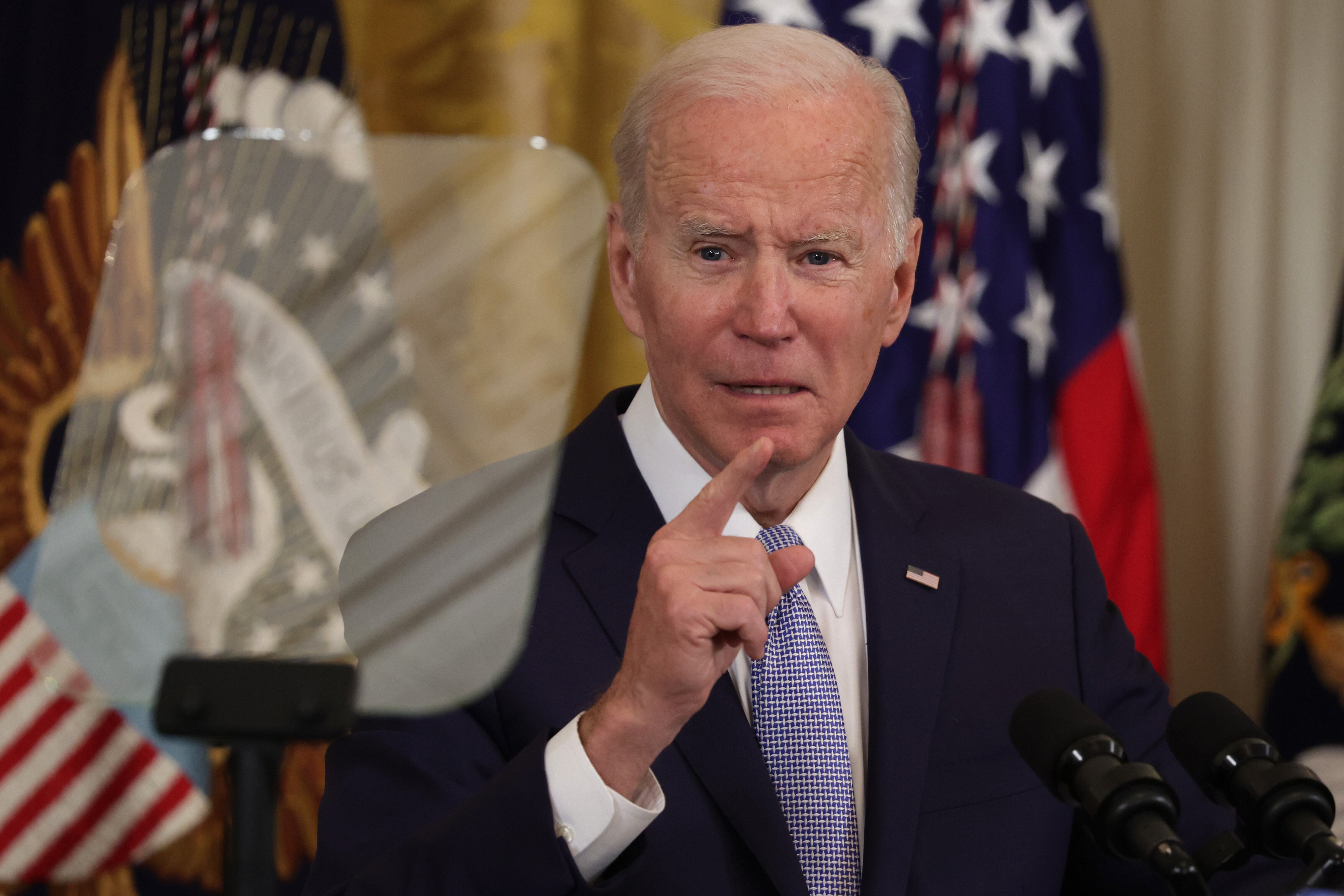 WASHINGTON, DC - MAY 02: U.S. President Joe Biden speaks during an Eid al-Fitr reception at the East Room of the White House on May 2, 2022 in Washington, DC. The White House held the event to mark the end of Muslim holy month of Ramadan. (Photo by Alex Wong/Getty Images)