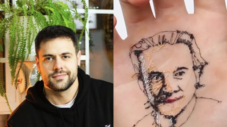 Así es la historia de David Catá, artista que cosiendo la palma de su mano crea retratos de personas