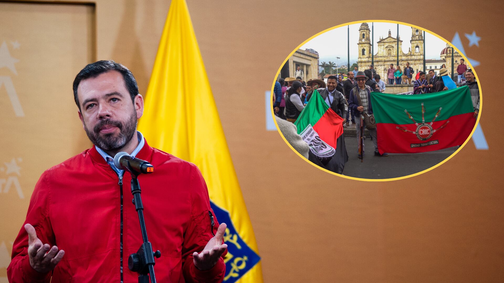 Carlos Galan. Foto:  Sebastian Barros/NurPhoto via Getty Images - Indigenas. Foto: Daniel Garzon Herazo/NurPhoto via Getty Images